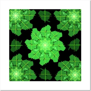 Modern futuristic glowing geometric shapes repeat pattern design in green color with leaves Posters and Art